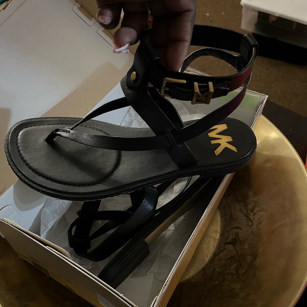 Michael Kors Black Strappy Sandals with Gold Buckle